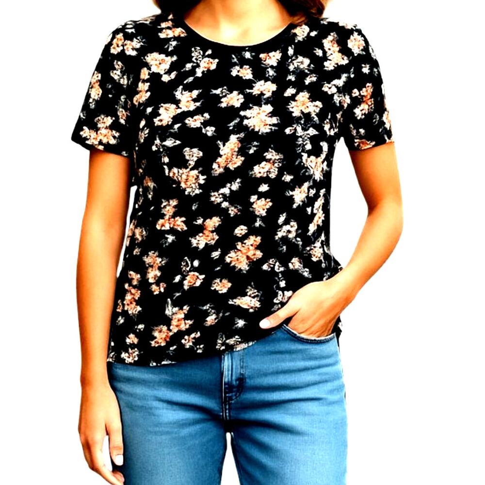 Denim & Flowers Large Women's Black Floral Top Shirt Blouse Miss Size 12 14 L